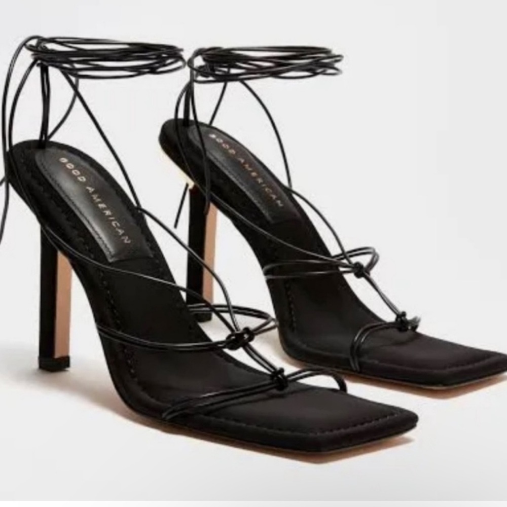 Good American Black Lace-Up Square Toe Stiletto Heels